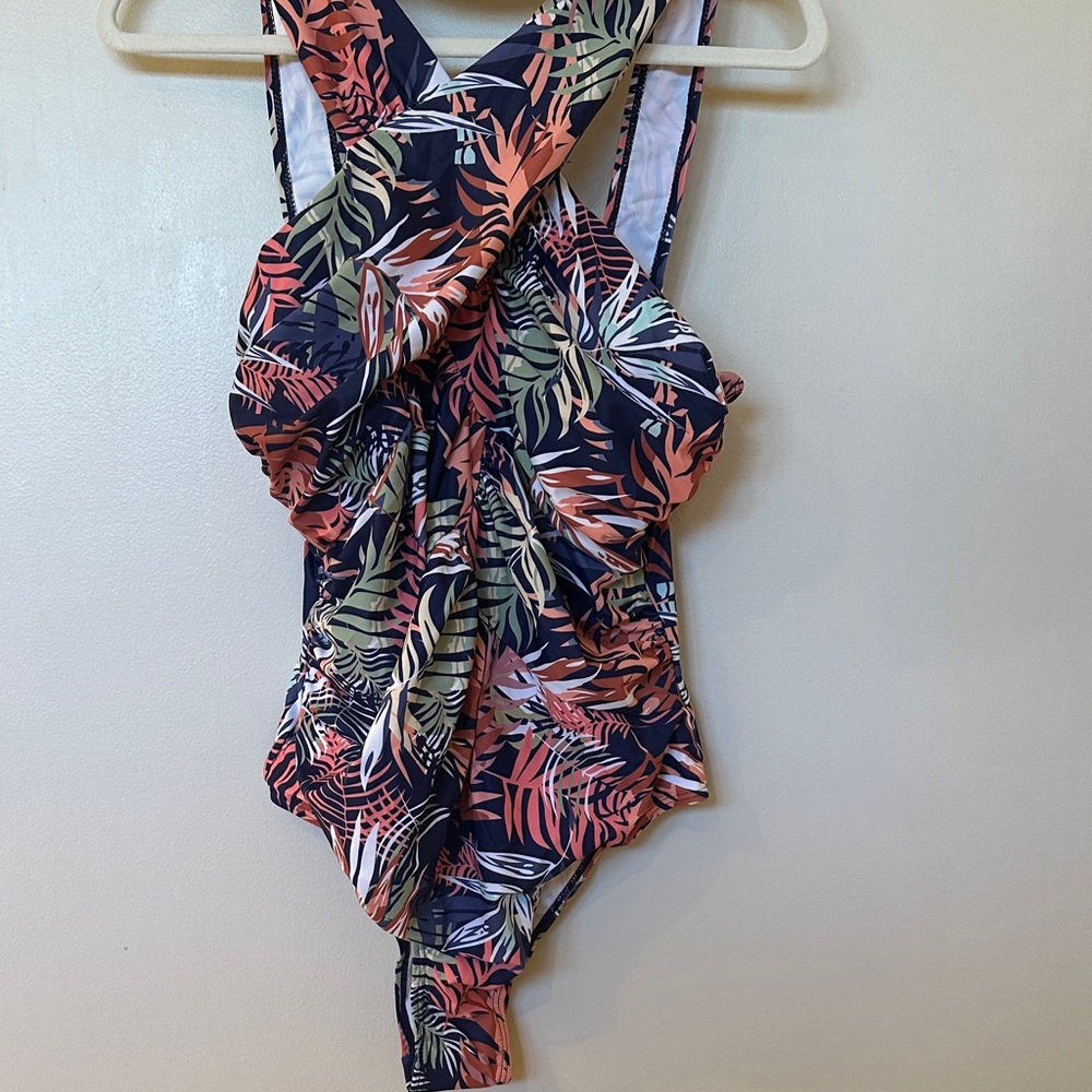 Tropical Leaf One-Piece Swimsuit - Navy with Coral & Olive